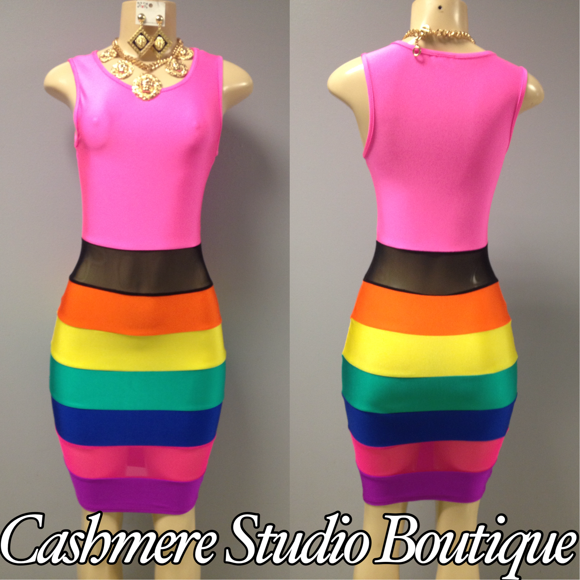 Rainbow tank mini dress with sheer fabric on stomach, Stretch fabric size s, m, lg $55