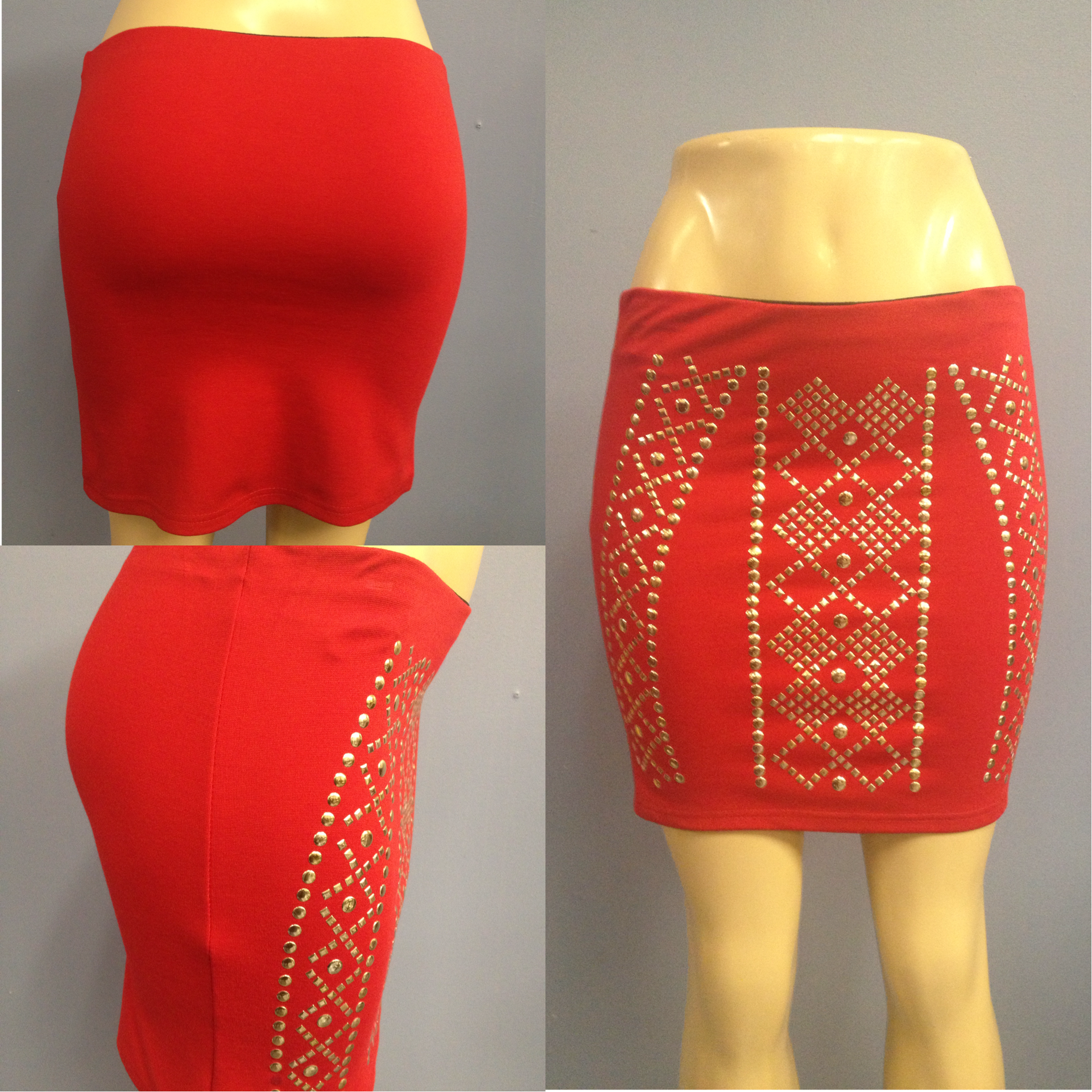 Red spandex mini skirt with gold studs  Sizes   s m lg $39