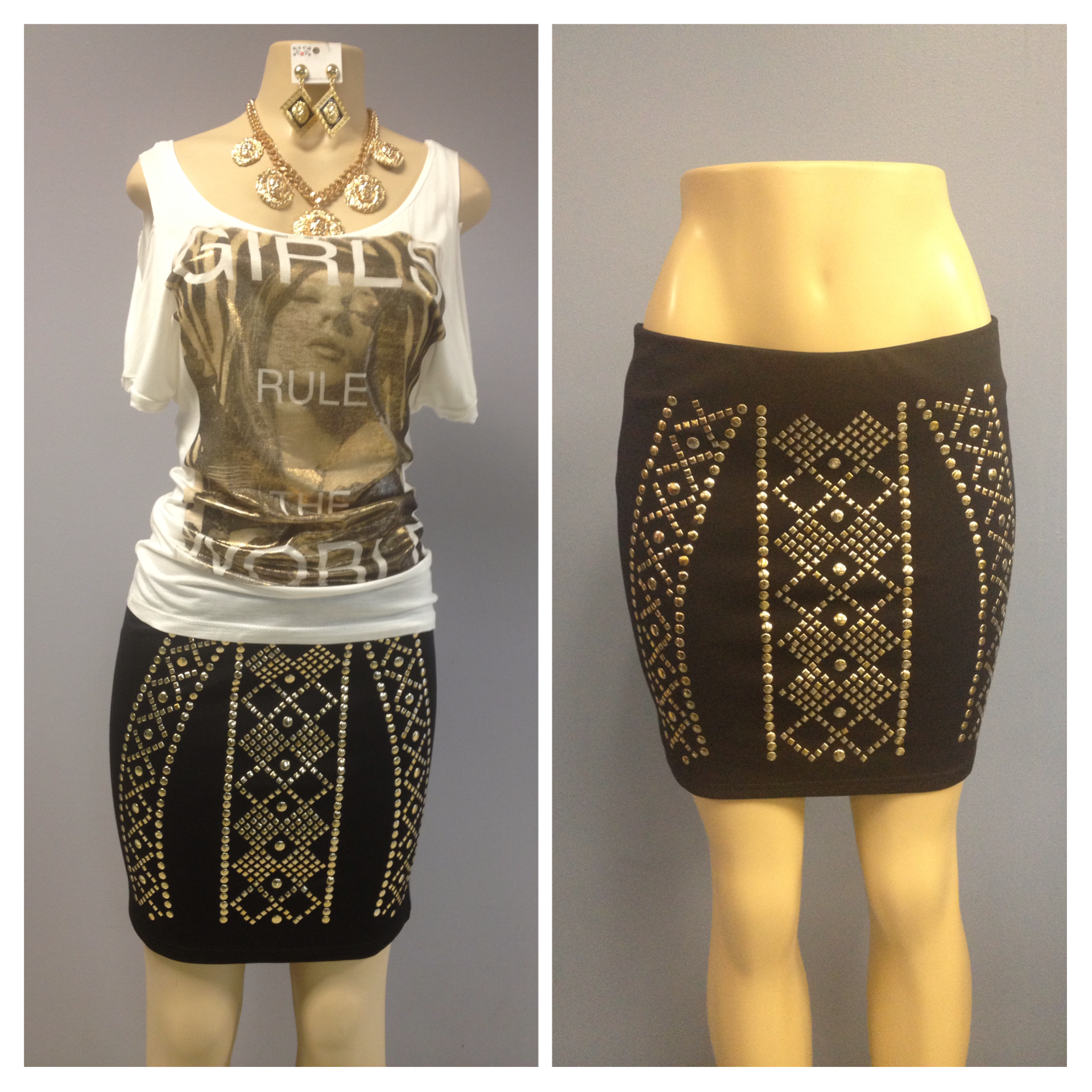 Black mini skirt with gold studs Stretch fabric Sizes  s,m,lg $39