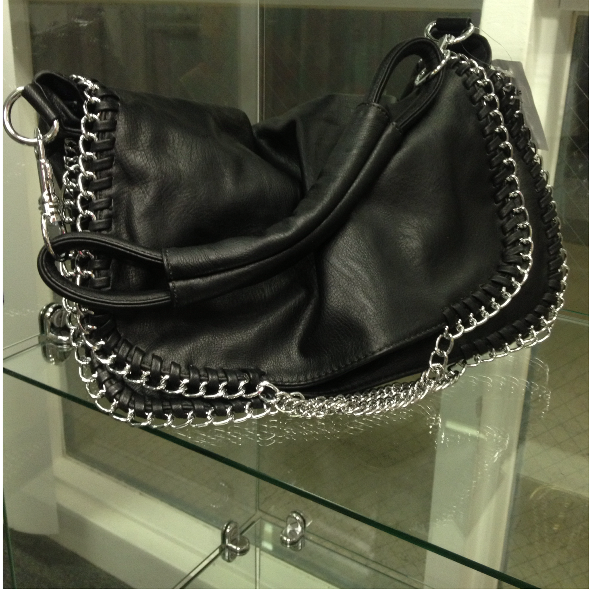 Black Leather Handbag with Silver Chain Trim $65