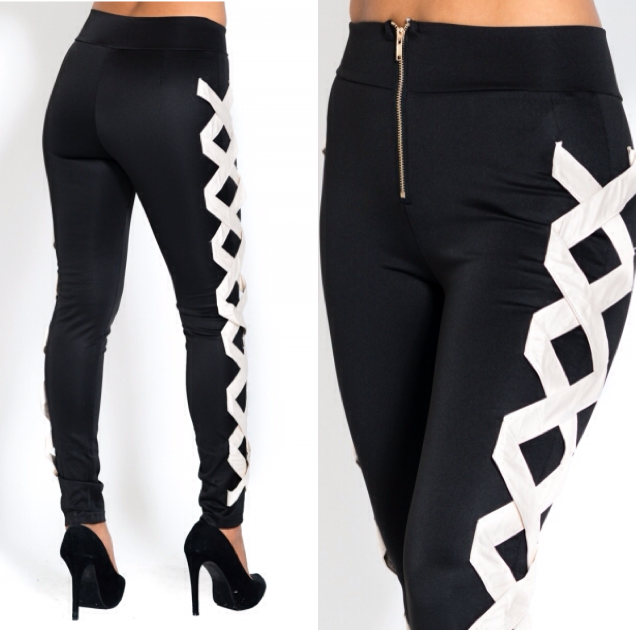 Black pants with pu leather criss cross stripe on each side fabric polyester and spandex size s, m, lg $55