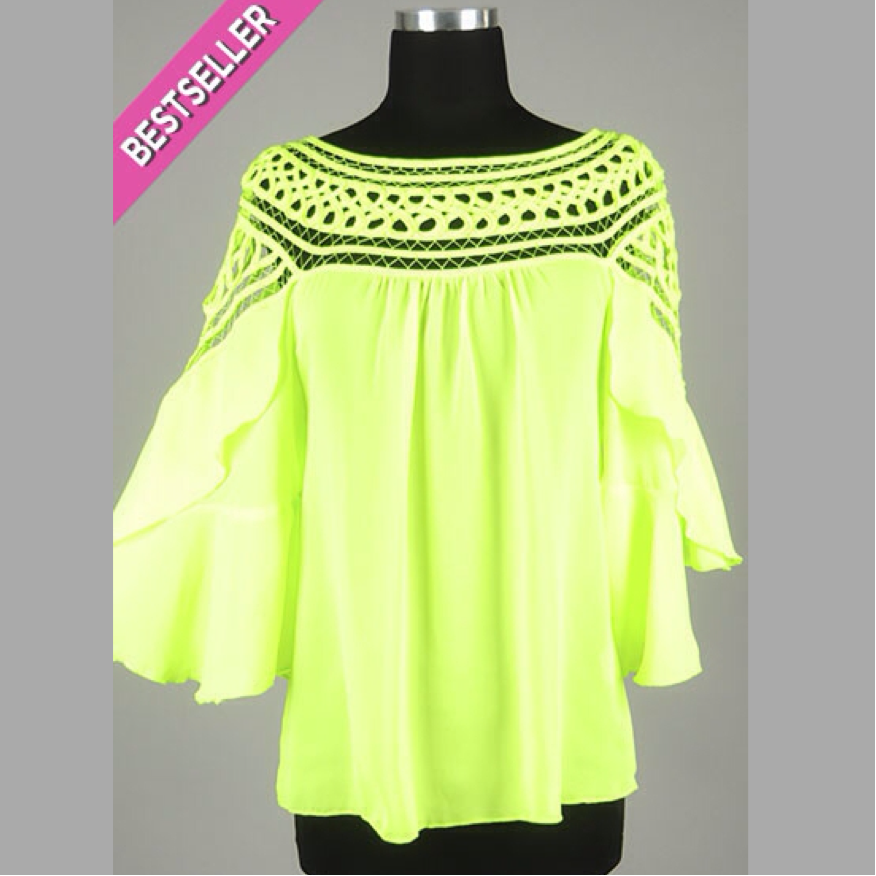 Firty Boho Top with ruffled sleeves and braided crochet trim neck in front and back. Neon  Green $55
