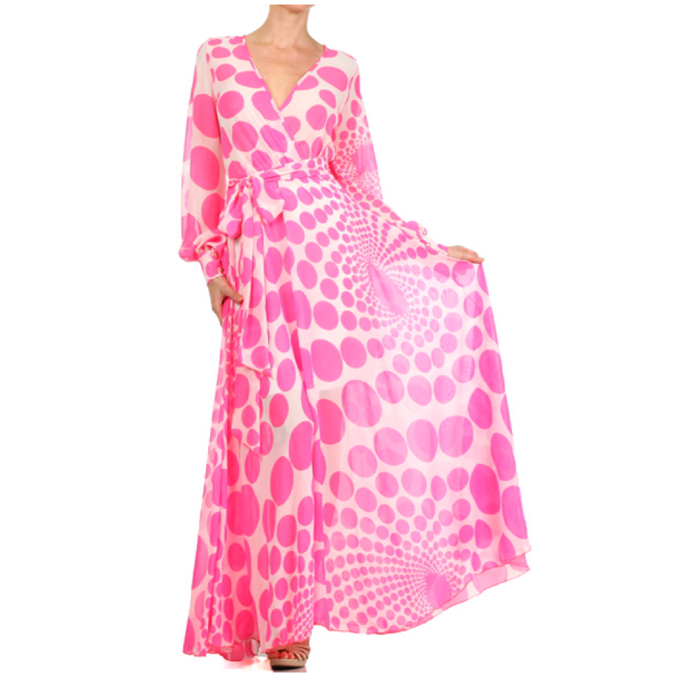 Hot pink and white polk a dot chiffon maxi dress        Size s, m, lg, xl  $140