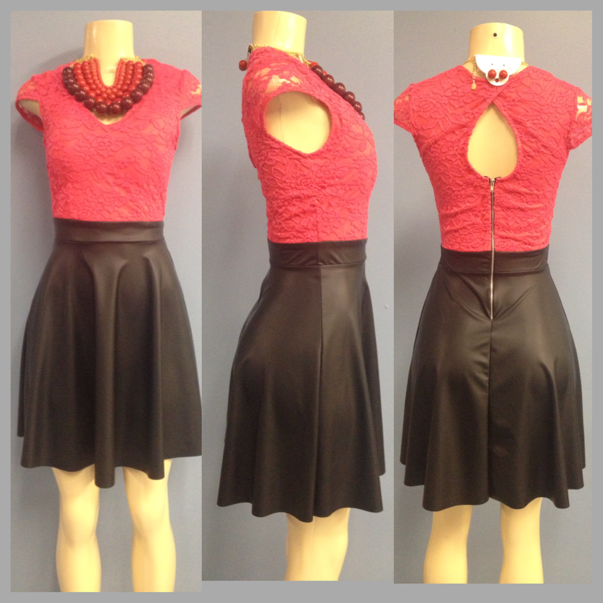 Coral lace and black liquid leather mini dress with attached bra size large $55